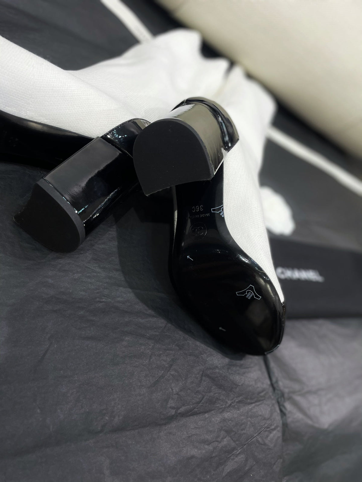 Chanel 26s Sock Boots 8.5cm White Black Knit Patent Leather 156616