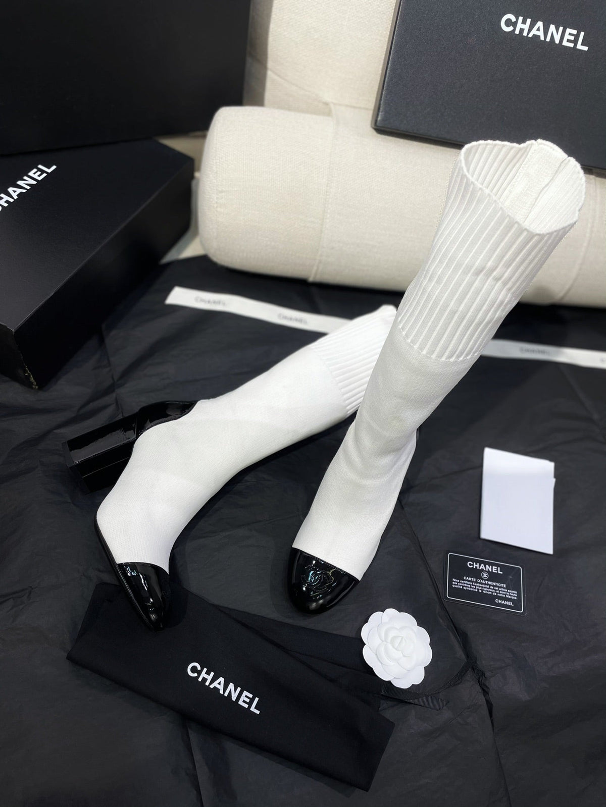 Chanel 26s Sock Boots 8.5cm White Black Knit Patent Leather 156616