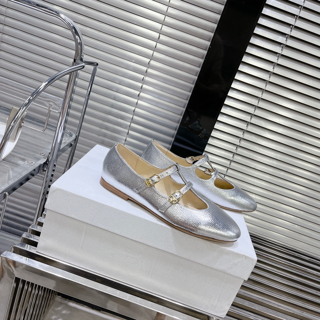 FLAT SANDALS WITH DOUBLE STRAP-DESIGN LEATHER SILVER