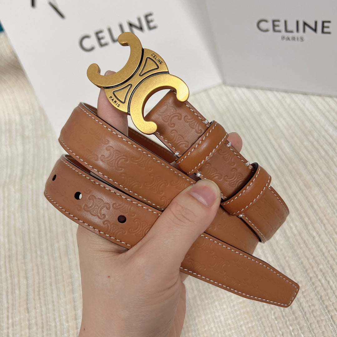 Medium Triomphe Belt 25mm Tan Calfskin White Line Finishing Gold Finishing