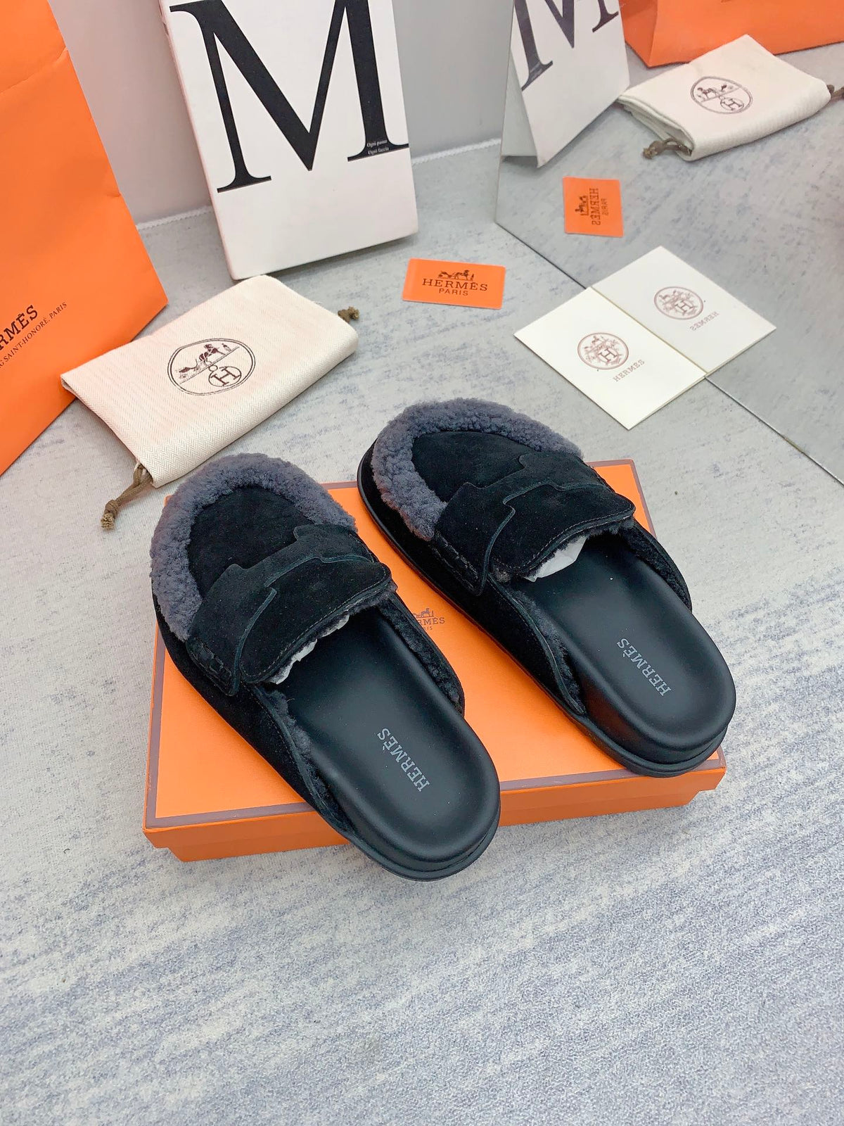 HM 26s Go Mules Black Suede Grey Shearling 160887