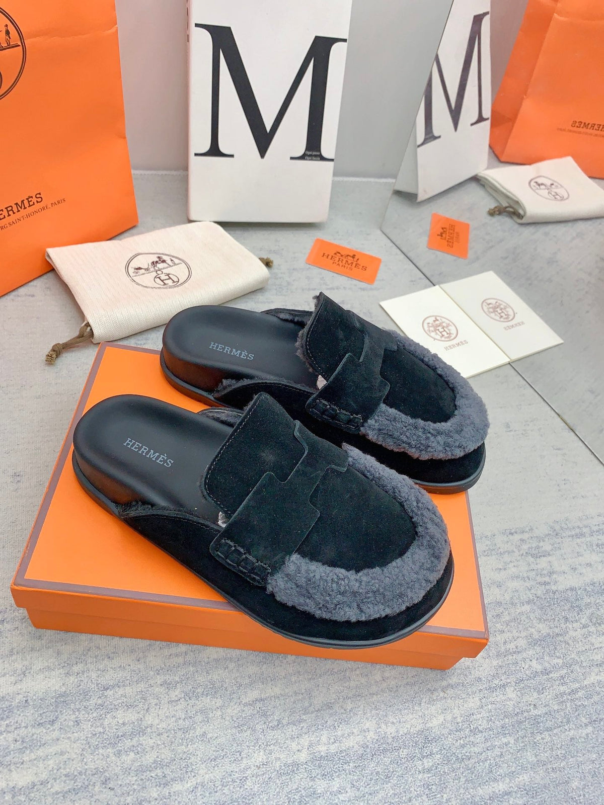 HM 26s Go Mules Black Suede Grey Shearling 160887
