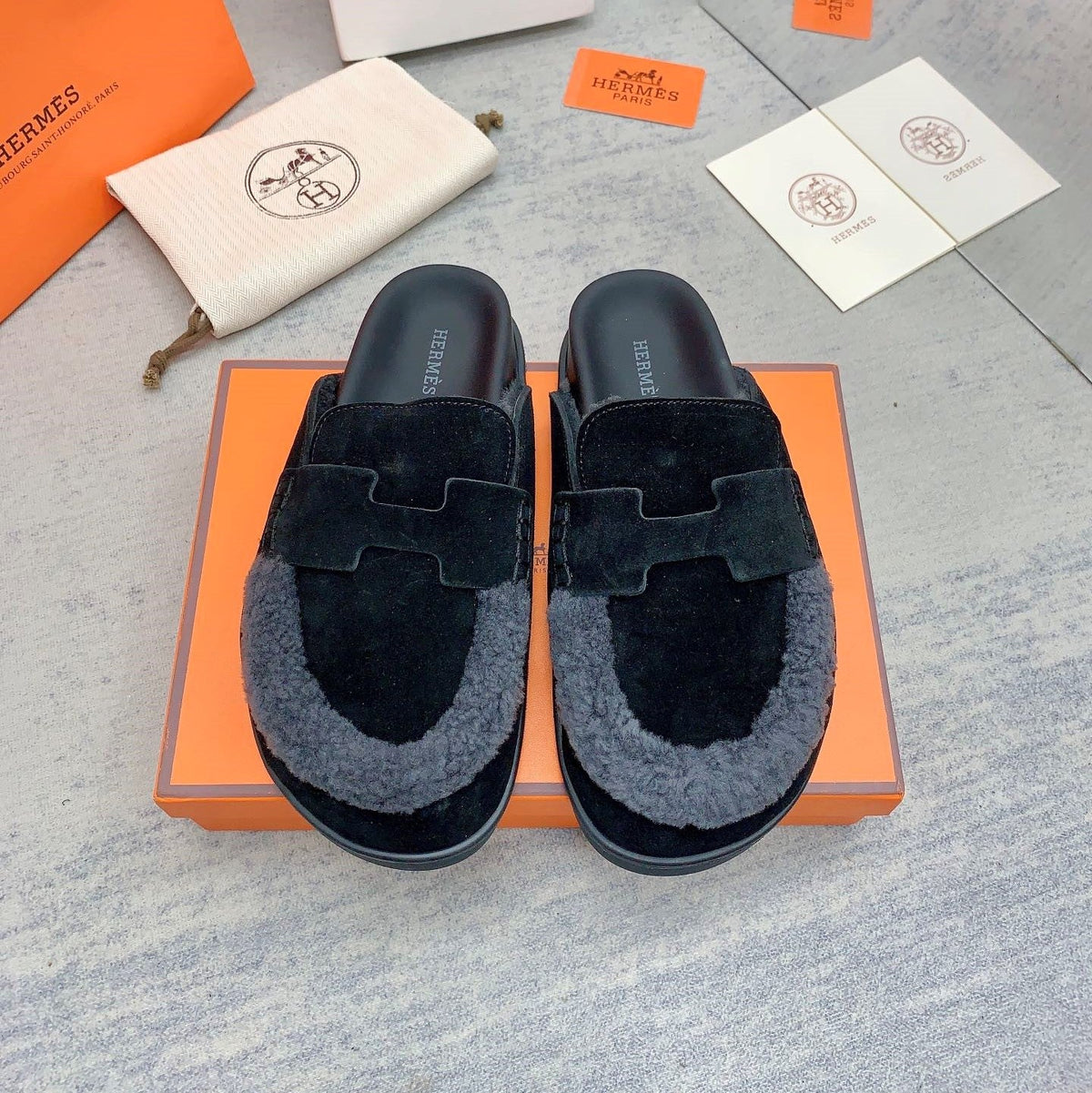 HM 26s Go Mules Black Suede Grey Shearling 160887
