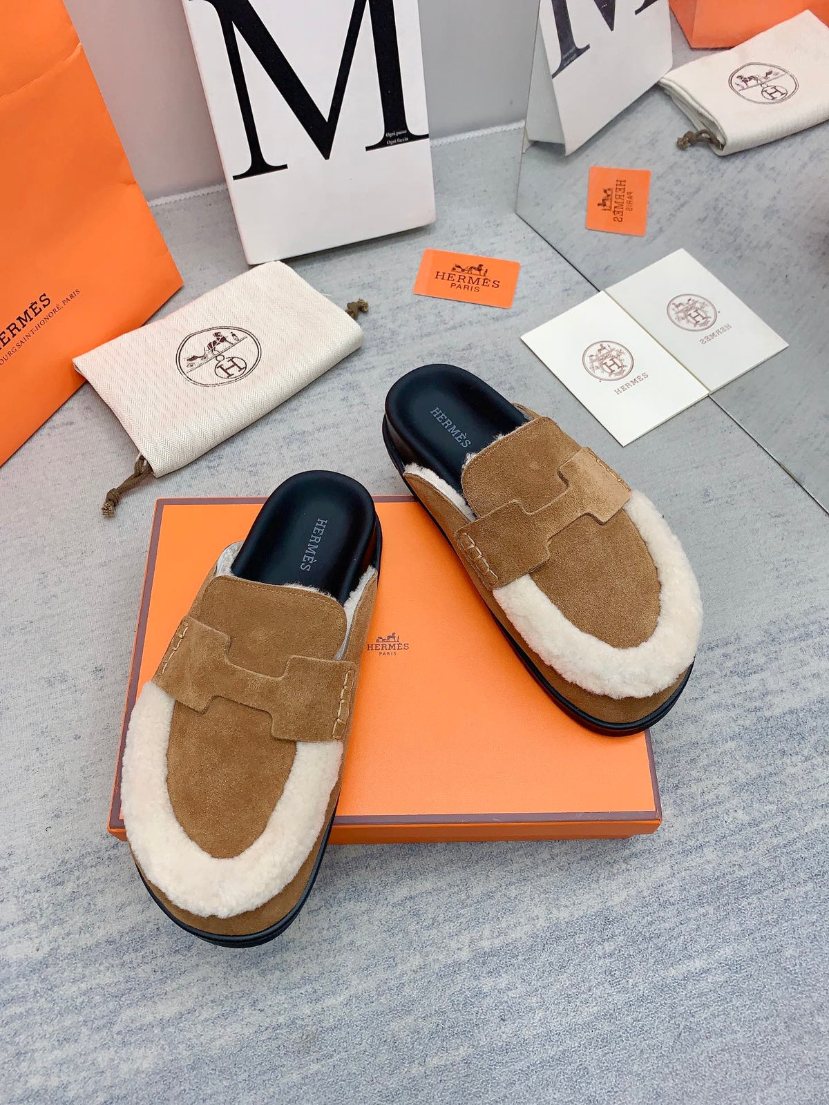 HM 26s Go Mules Tan Suede Shearling 160888