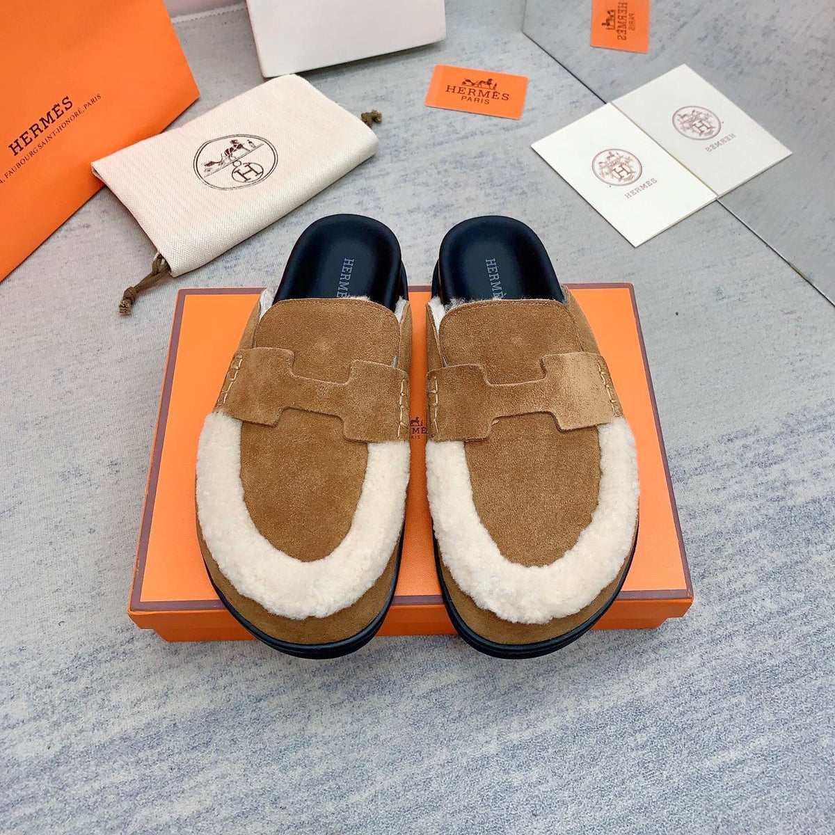 HM 26s Go Mules Tan Suede Shearling 160888