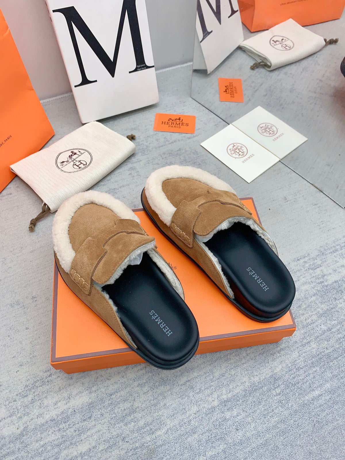 HM 26s Go Mules Tan Suede Shearling 160888