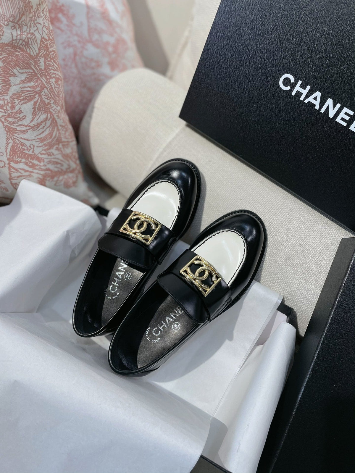 Chanel 26s Loafers Black White Smooth Leather 156352