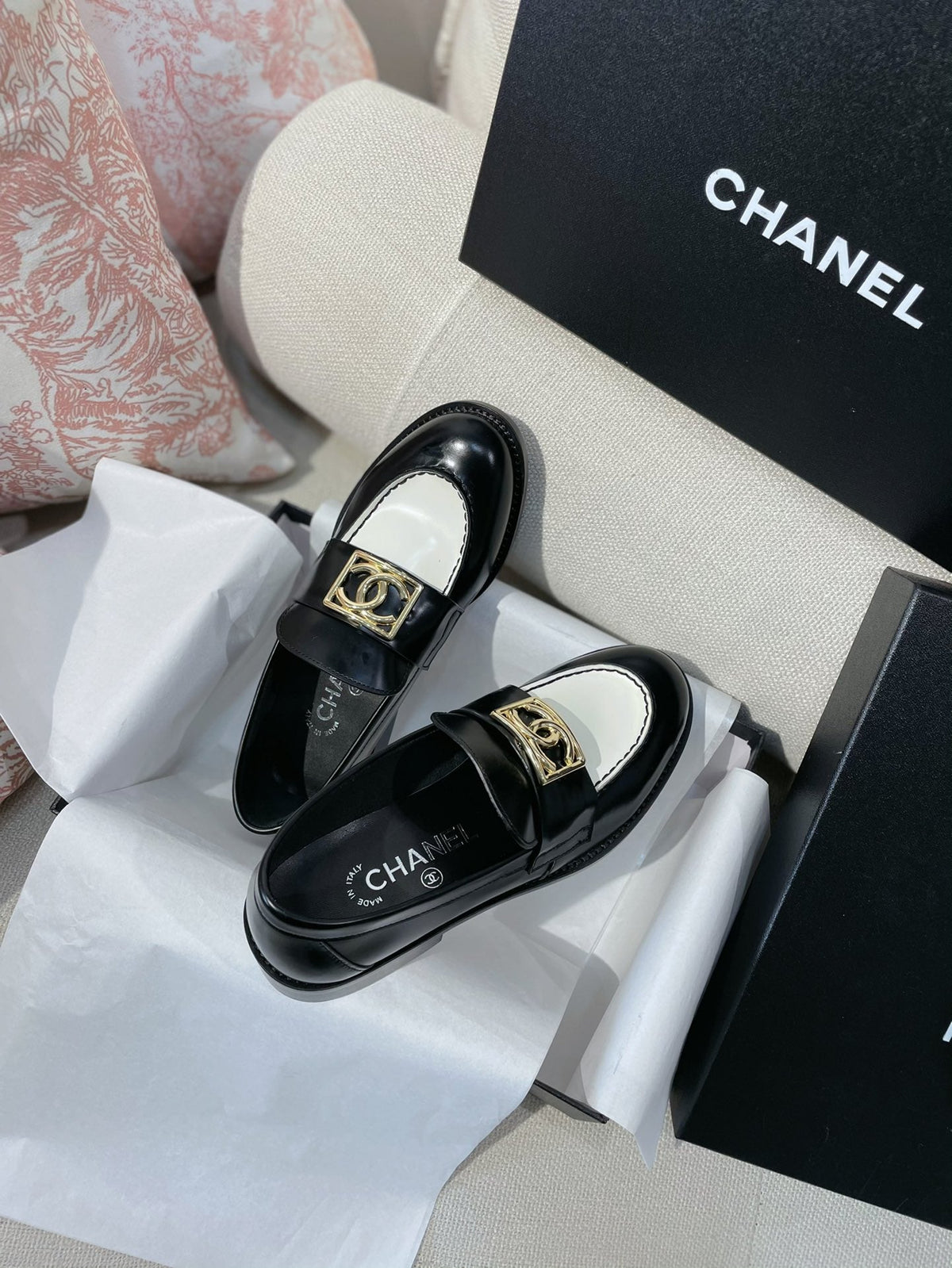 Chanel 26s Loafers Black White Smooth Leather 156352