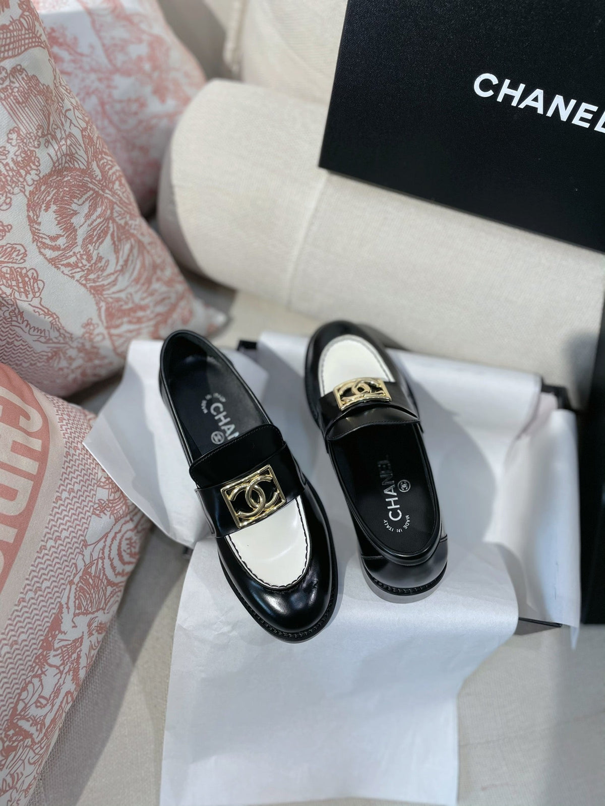 Chanel 26s Loafers Black White Smooth Leather 156352