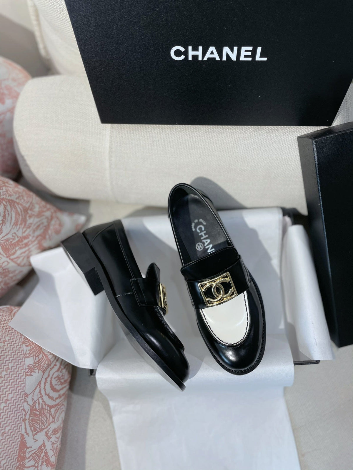 Chanel 26s Loafers Black White Smooth Leather 156352