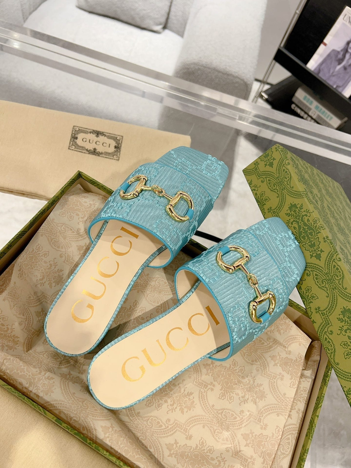 GG 26s Chunky Slide Sandal Blue Sky Calfskin