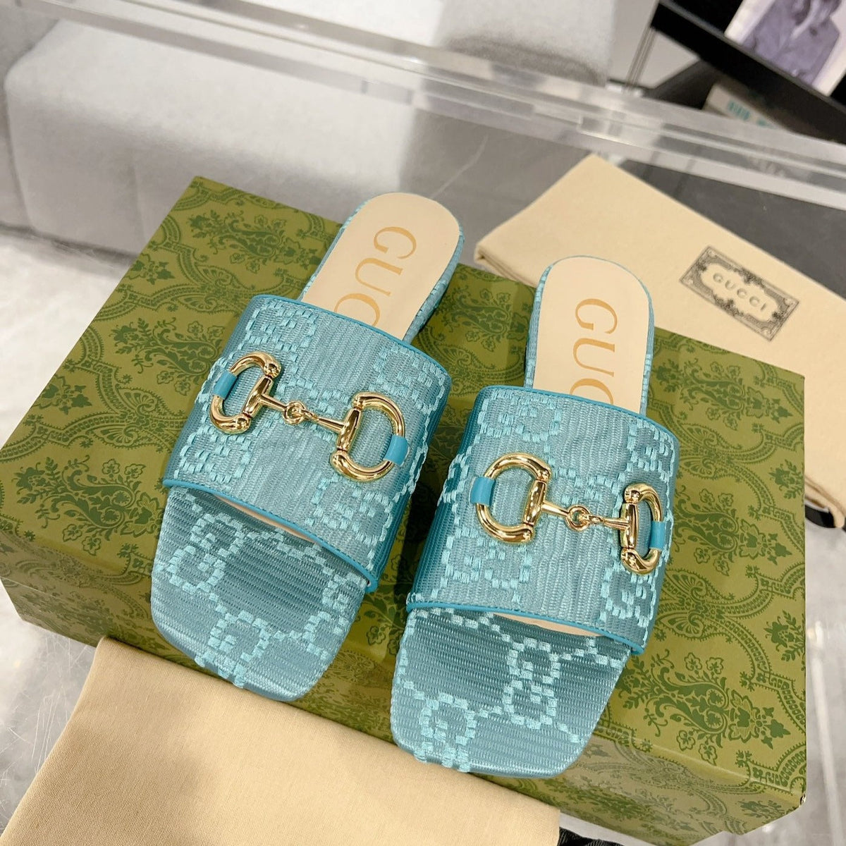 GG 26s Chunky Slide Sandal Blue Sky Calfskin