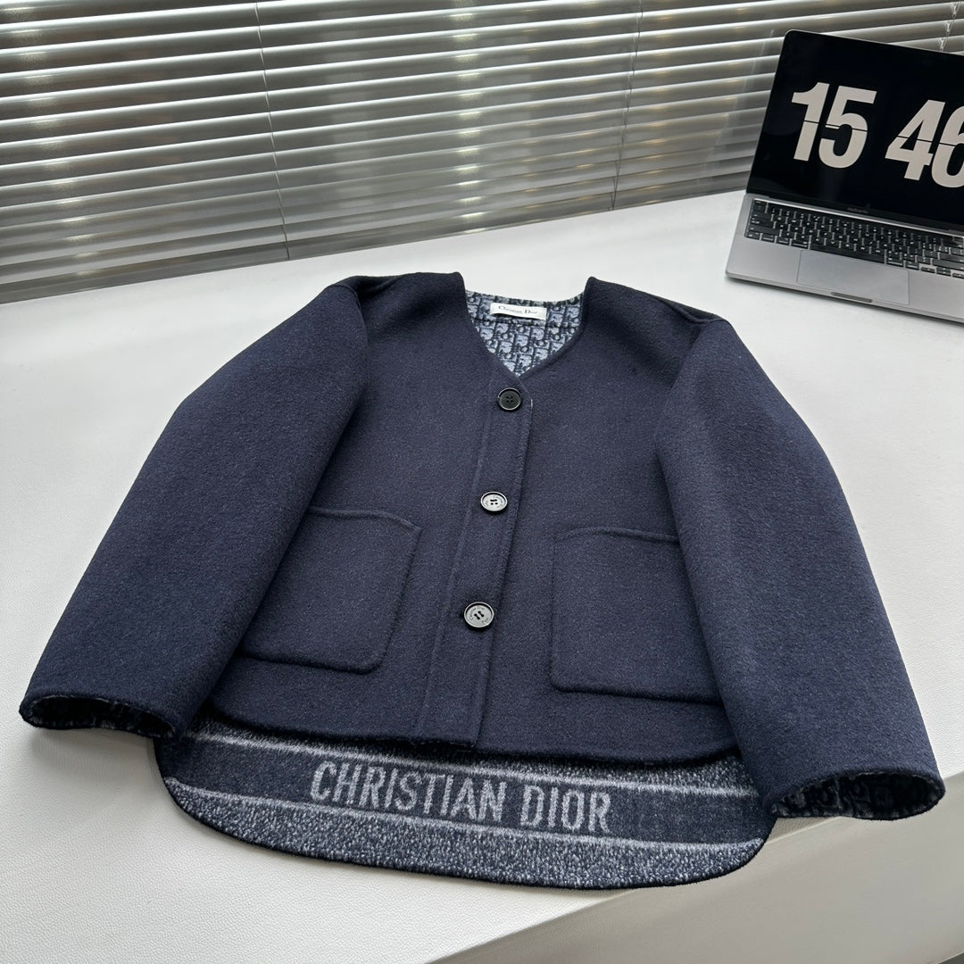 CD 26s V Neck Wool Jacket Navy Blue Oblique Wool 429346