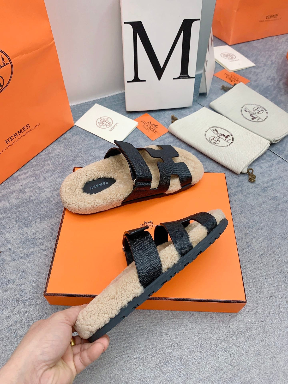 HM 26s Chypre Sandals Black Caviar Leather Shearling 160901