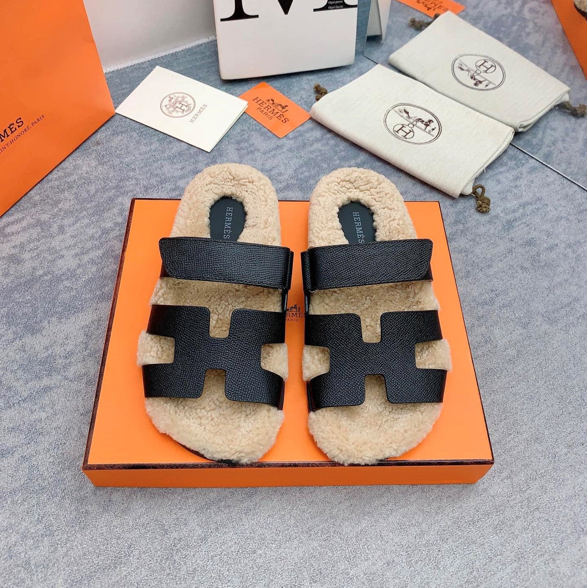 HM 26s Chypre Sandals Black Caviar Leather Shearling 160901