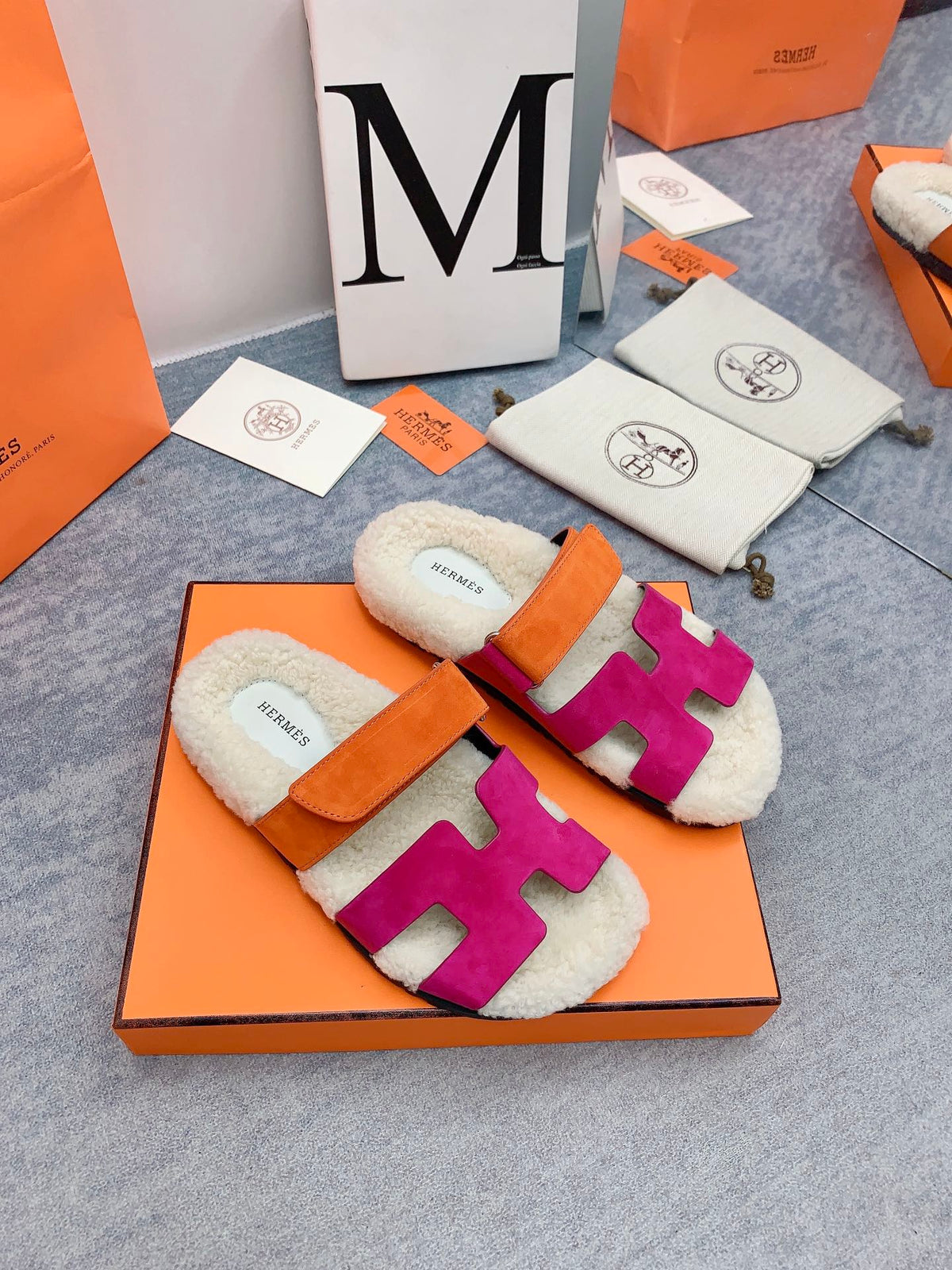 HM 26s Chypre Sandals Framboise Orange Suede Shearling 160905