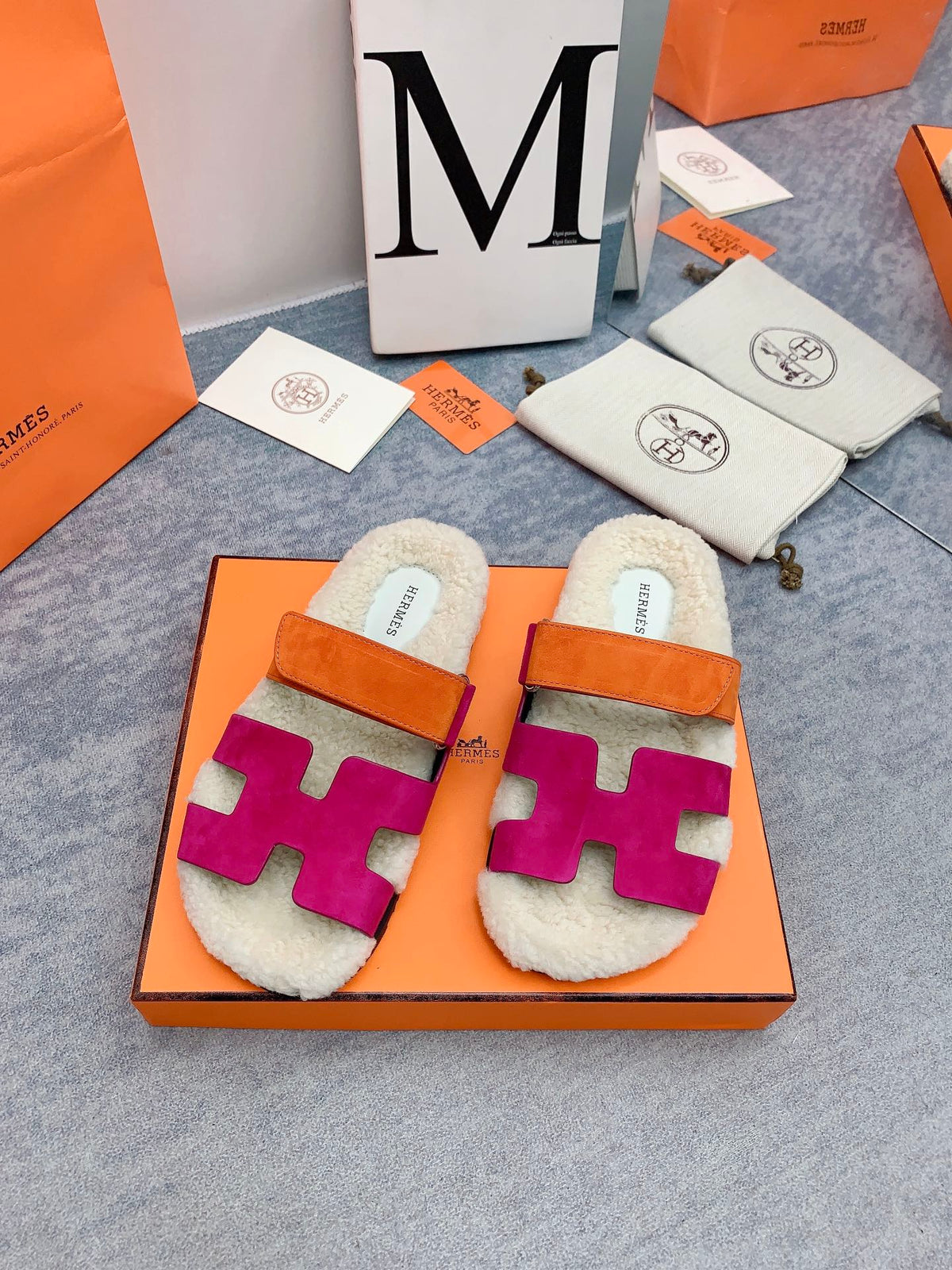 HM 26s Chypre Sandals Framboise Orange Suede Shearling 160905