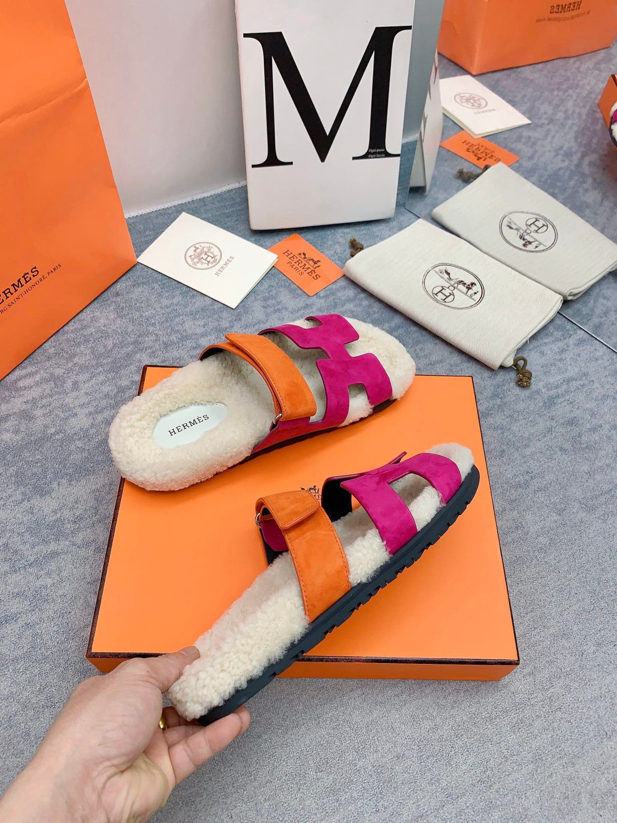 HM 26s Chypre Sandals Framboise Orange Suede Shearling 160905