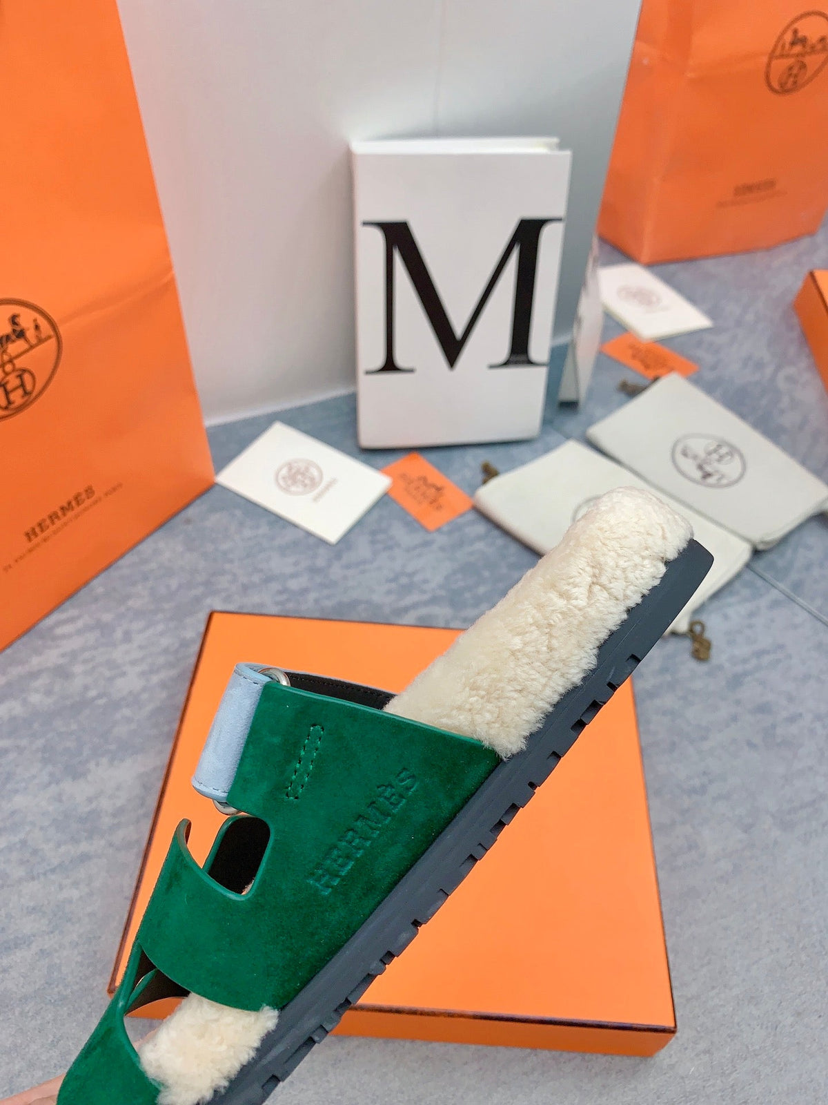 HM 26s Chypre Sandals Vert Émeraude Suede Shearling 160922