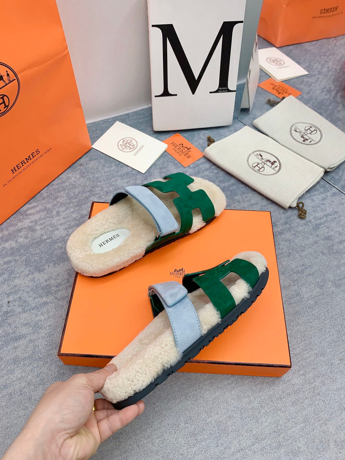HM 26s Chypre Sandals Vert Émeraude Suede Shearling 160922