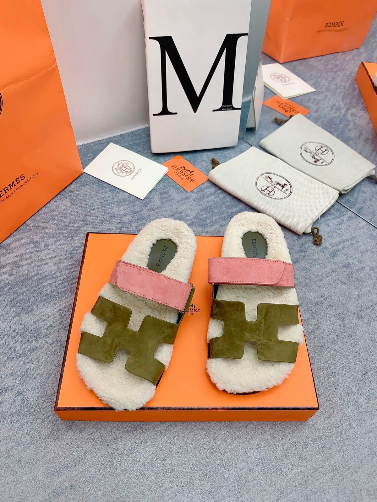 HM 26s Chypre Sandals Vert Toundra Rose Suede Shearling 160906