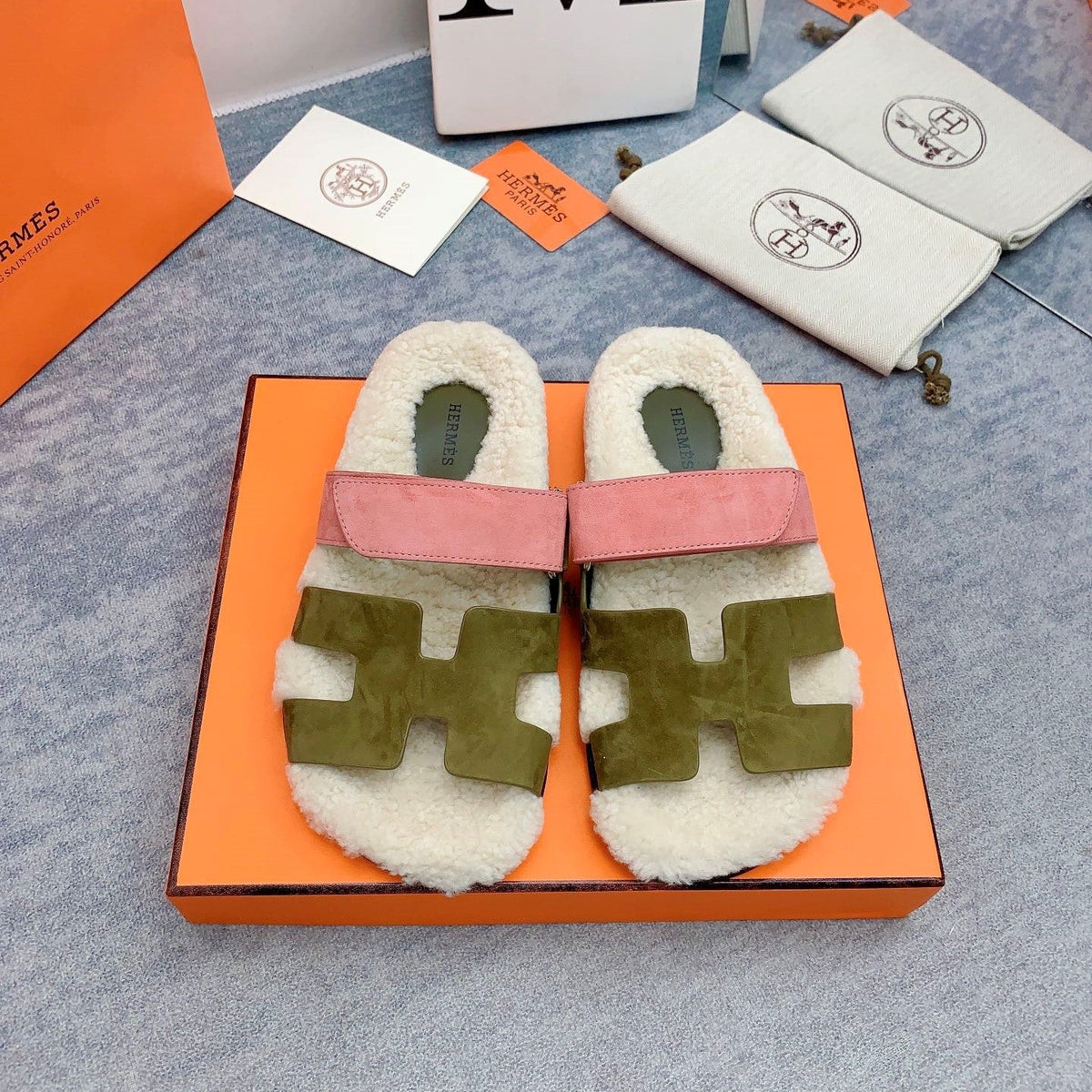 HM 26s Chypre Sandals Vert Toundra Rose Suede Shearling 160906