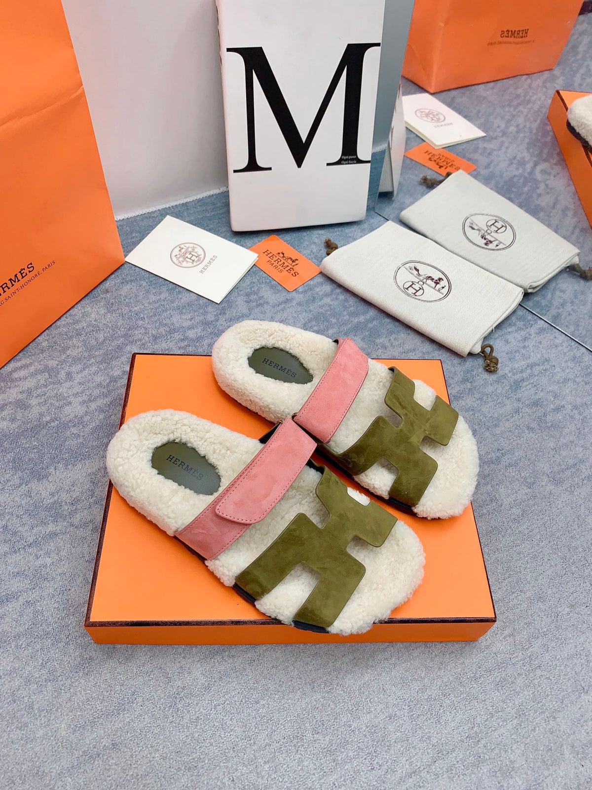 HM 26s Chypre Sandals Vert Toundra Rose Suede Shearling 160906