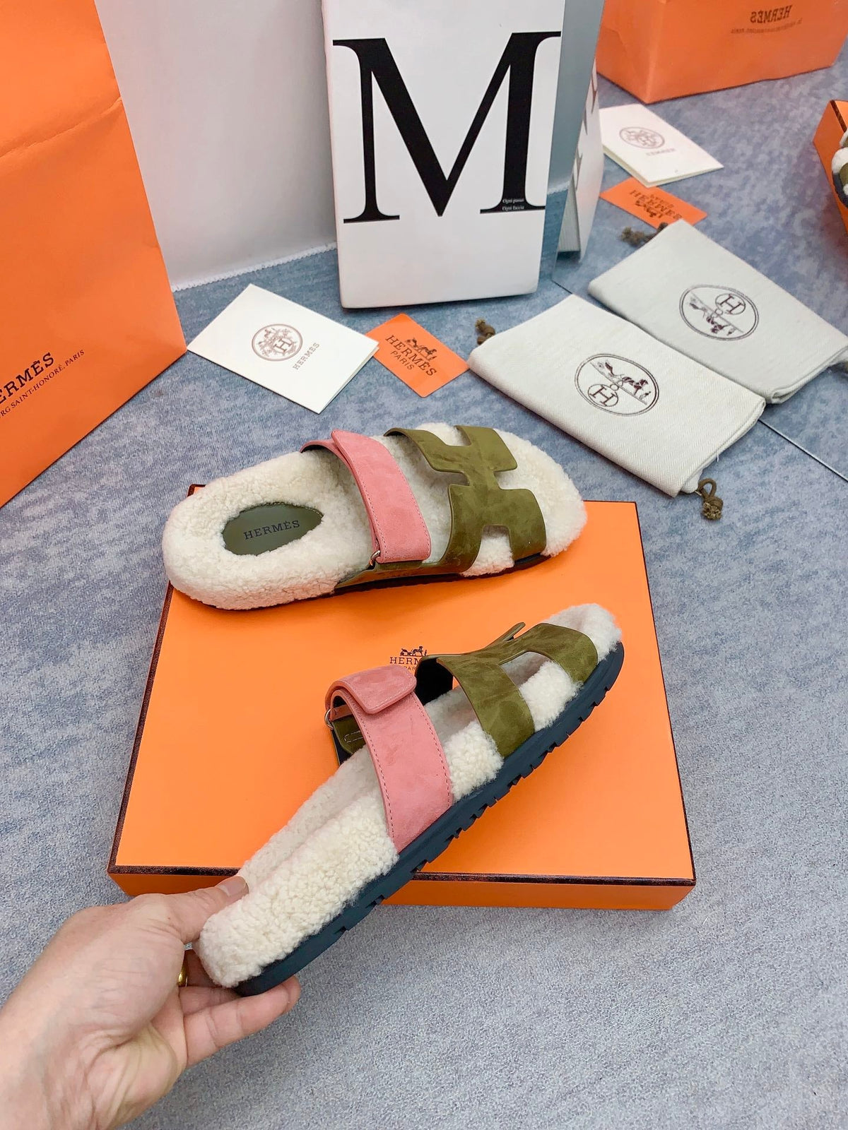 HM 26s Chypre Sandals Vert Toundra Rose Suede Shearling 160906
