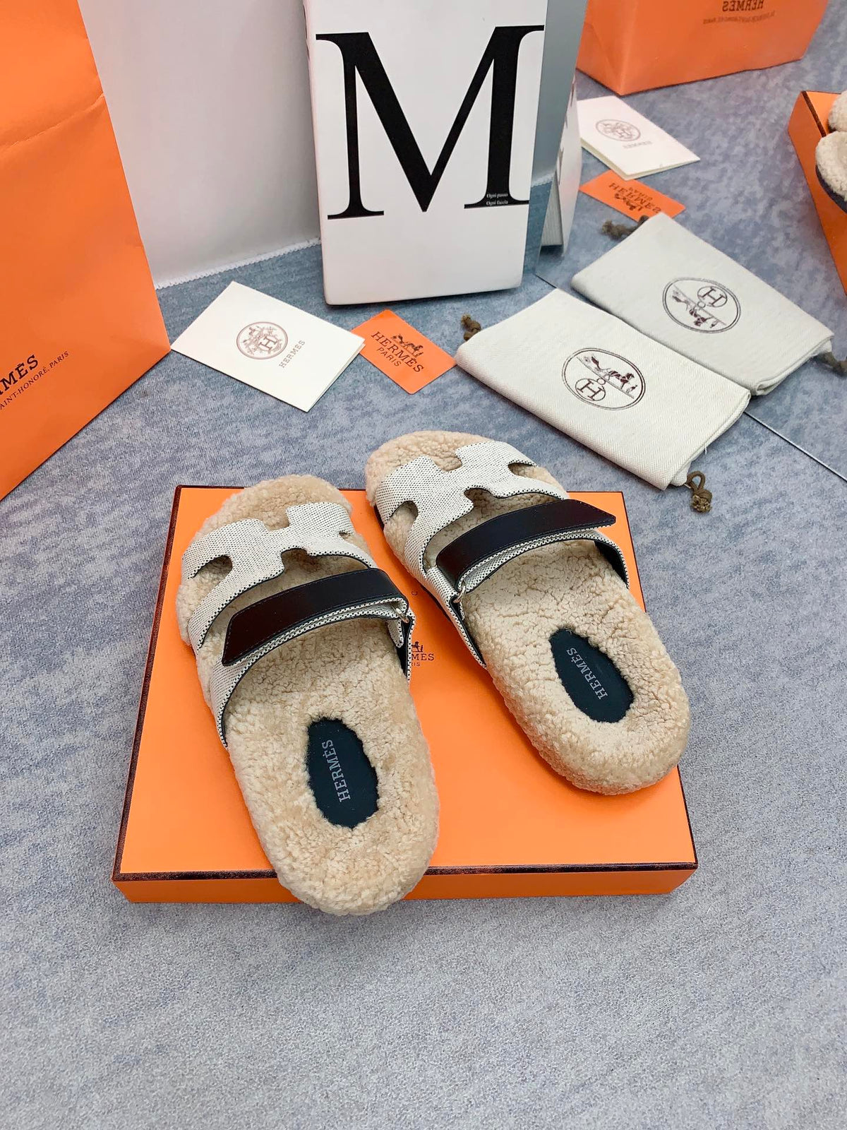 HM 26s Chypre Sandals Beige Canvas Navy Leather Shearling 160913