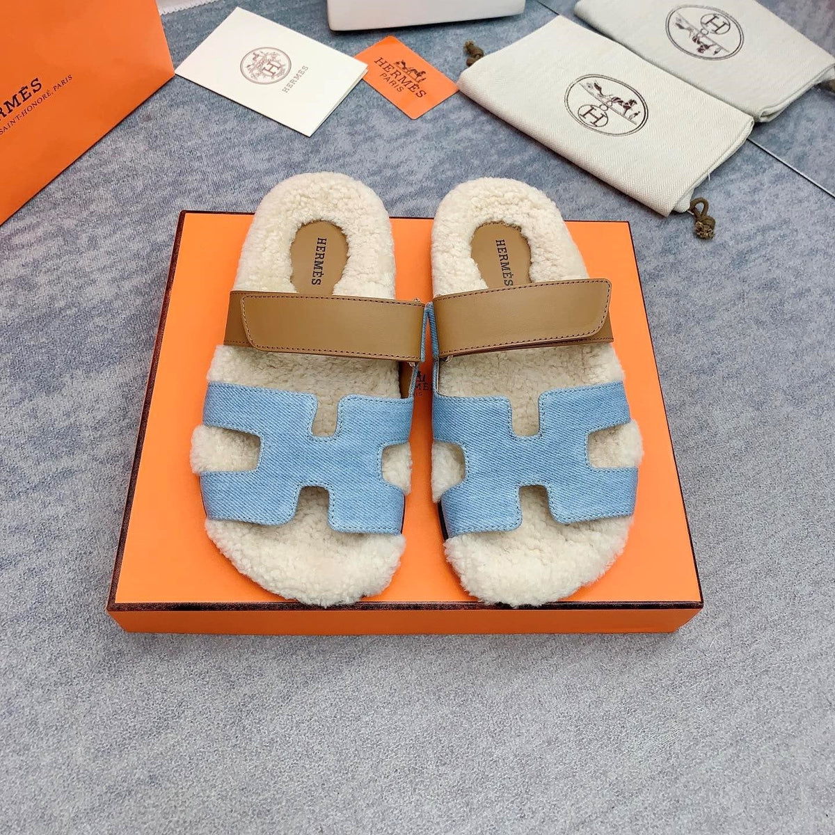 HM 26s Chypre Sandals Blue Denim Leather Shearling 160914