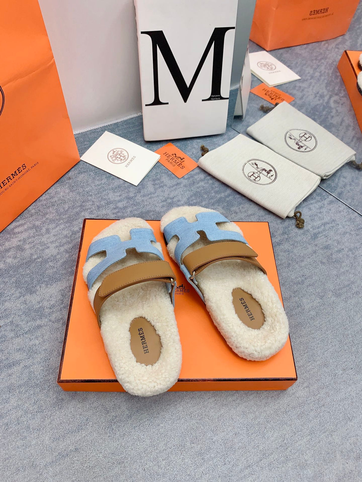HM 26s Chypre Sandals Blue Denim Leather Shearling 160914