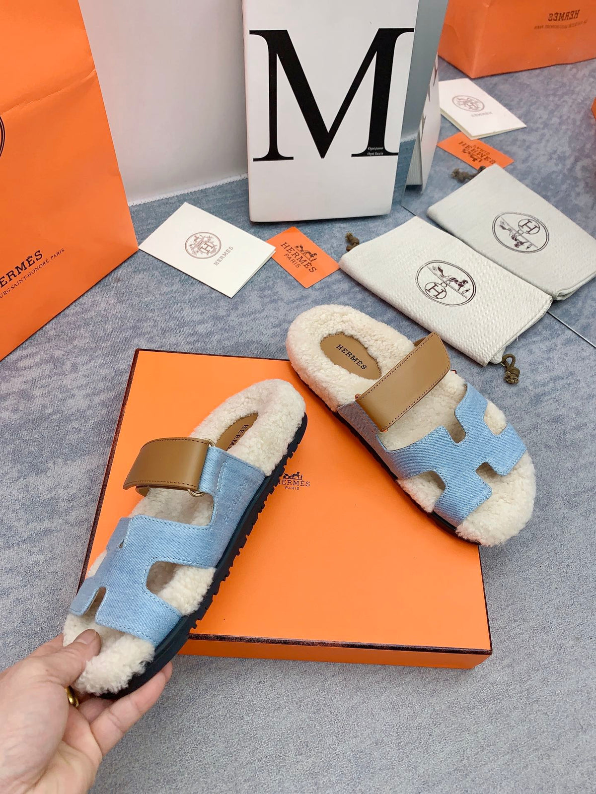 HM 26s Chypre Sandals Blue Denim Leather Shearling 160914
