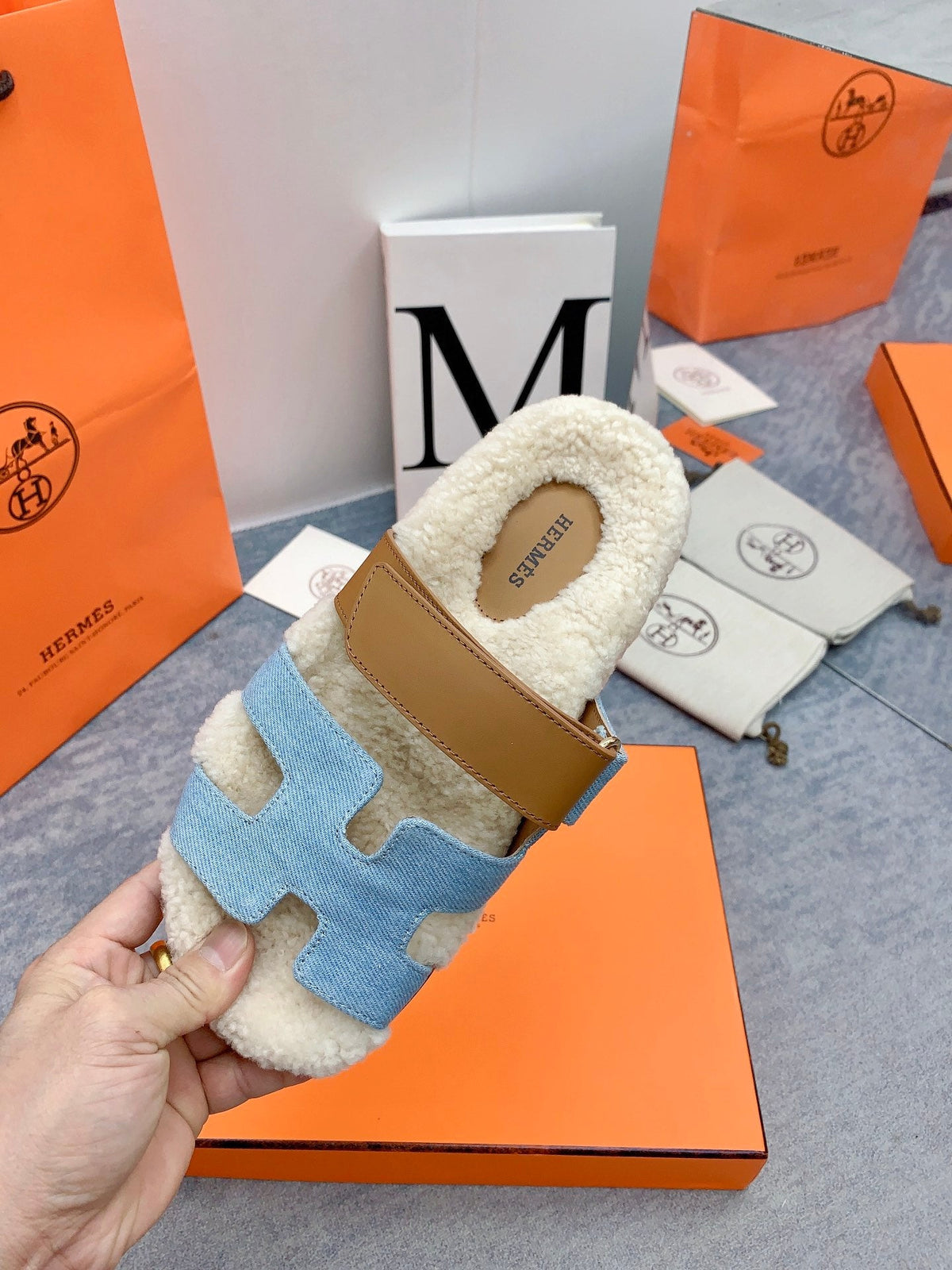 HM 26s Chypre Sandals Blue Denim Leather Shearling 160914