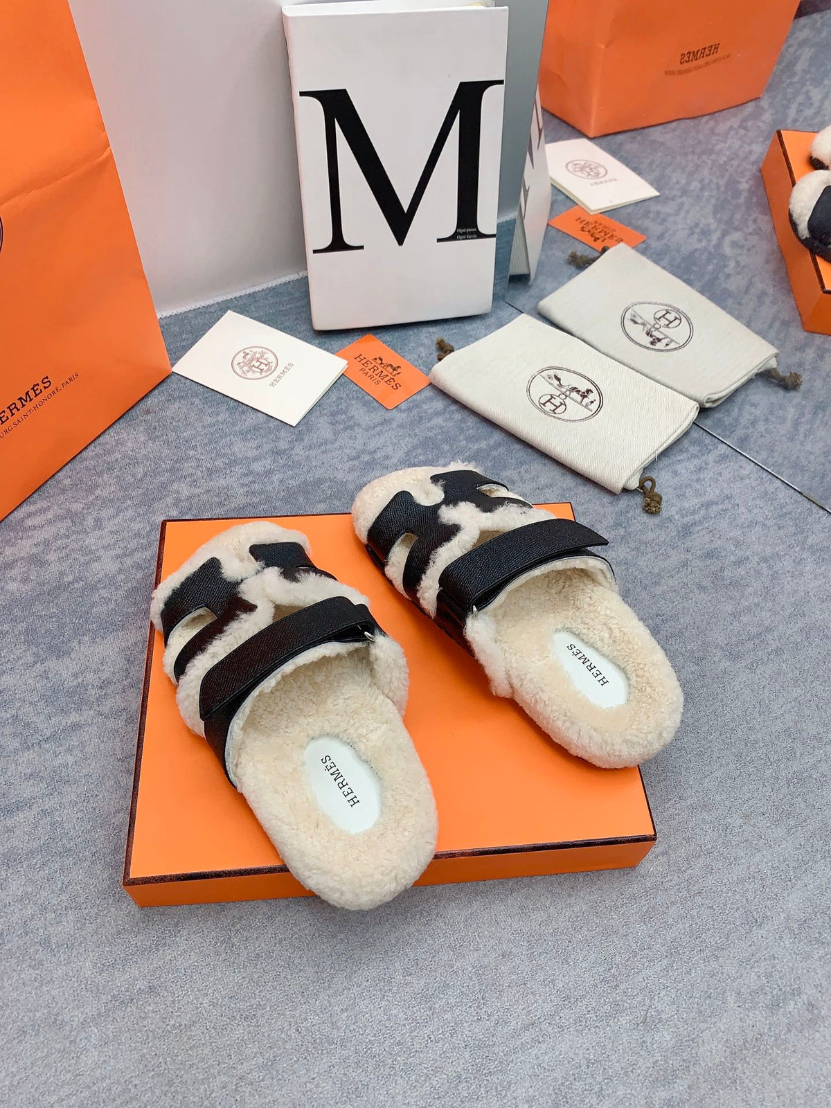 HM 26s Chypre Sandals Black Leather Shearling 160916