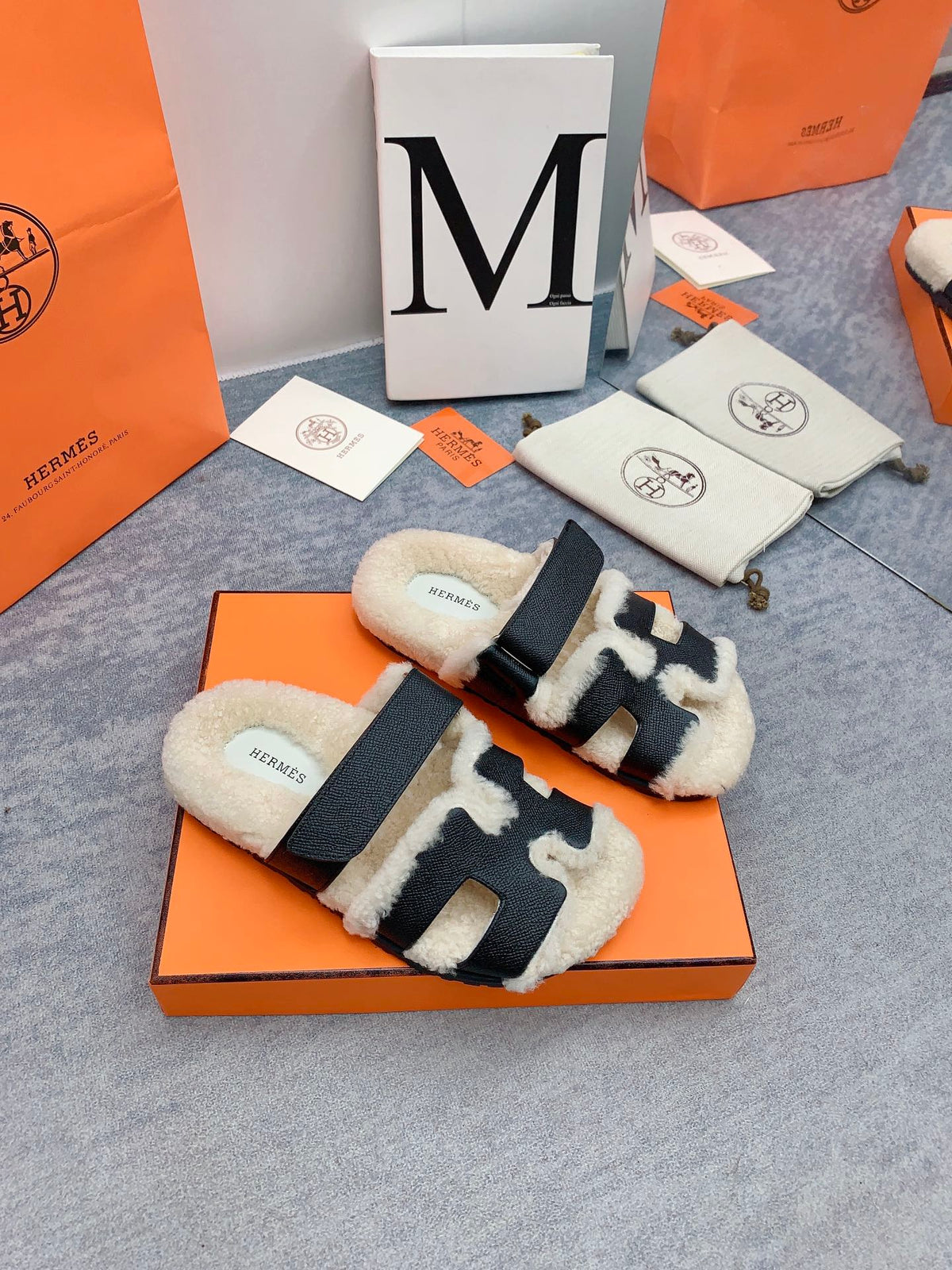 HM 26s Chypre Sandals Black Leather Shearling 160916