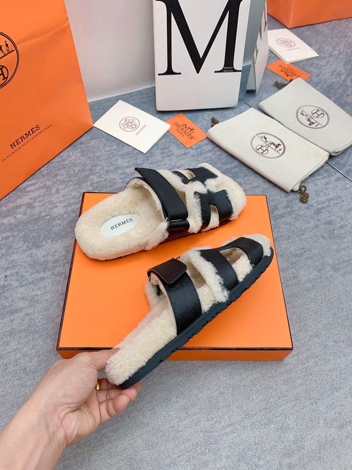 HM 26s Chypre Sandals Black Leather Shearling 160916