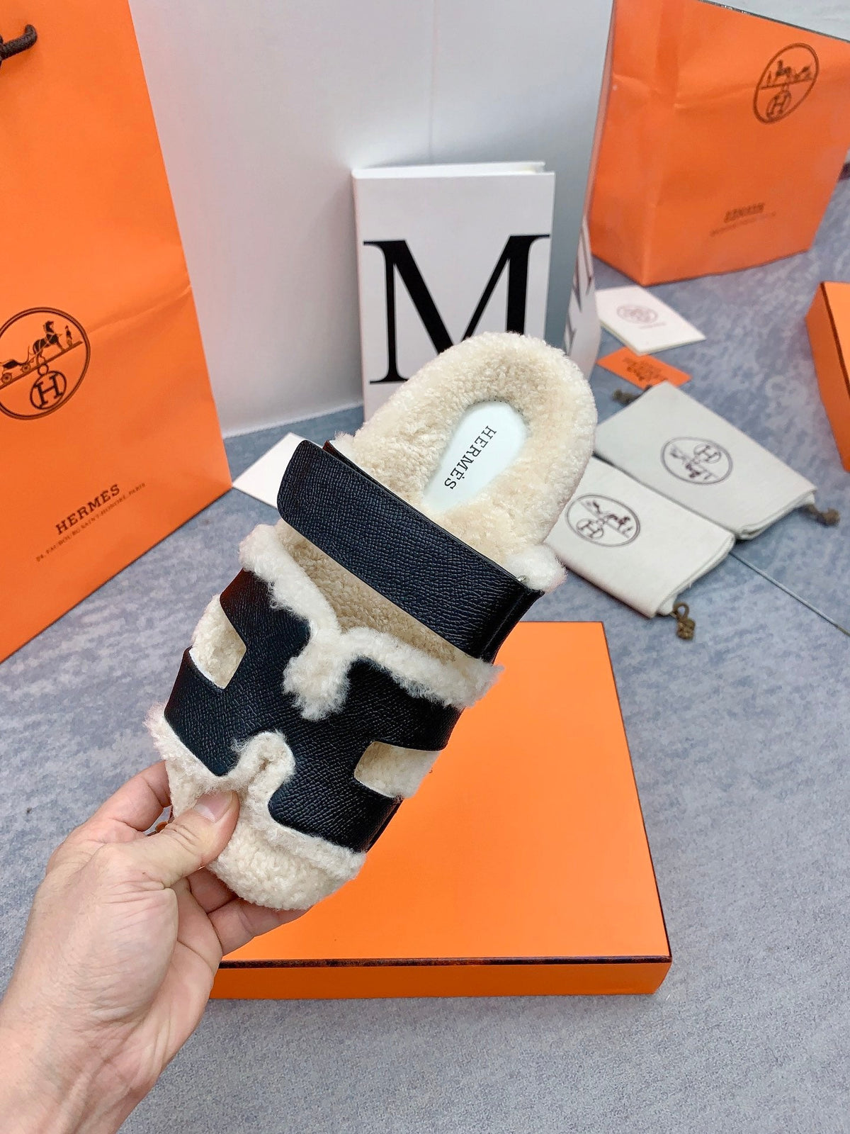 HM 26s Chypre Sandals Black Leather Shearling 160916