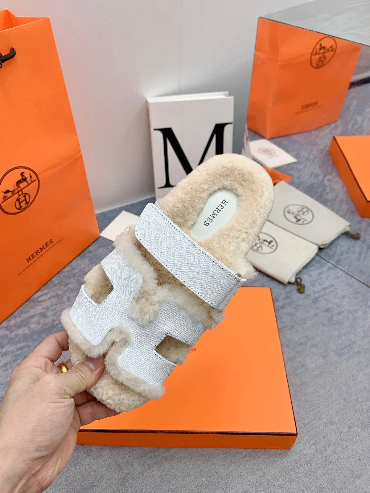 HM 26s Chypre Sandals White Leather Shearling 160919