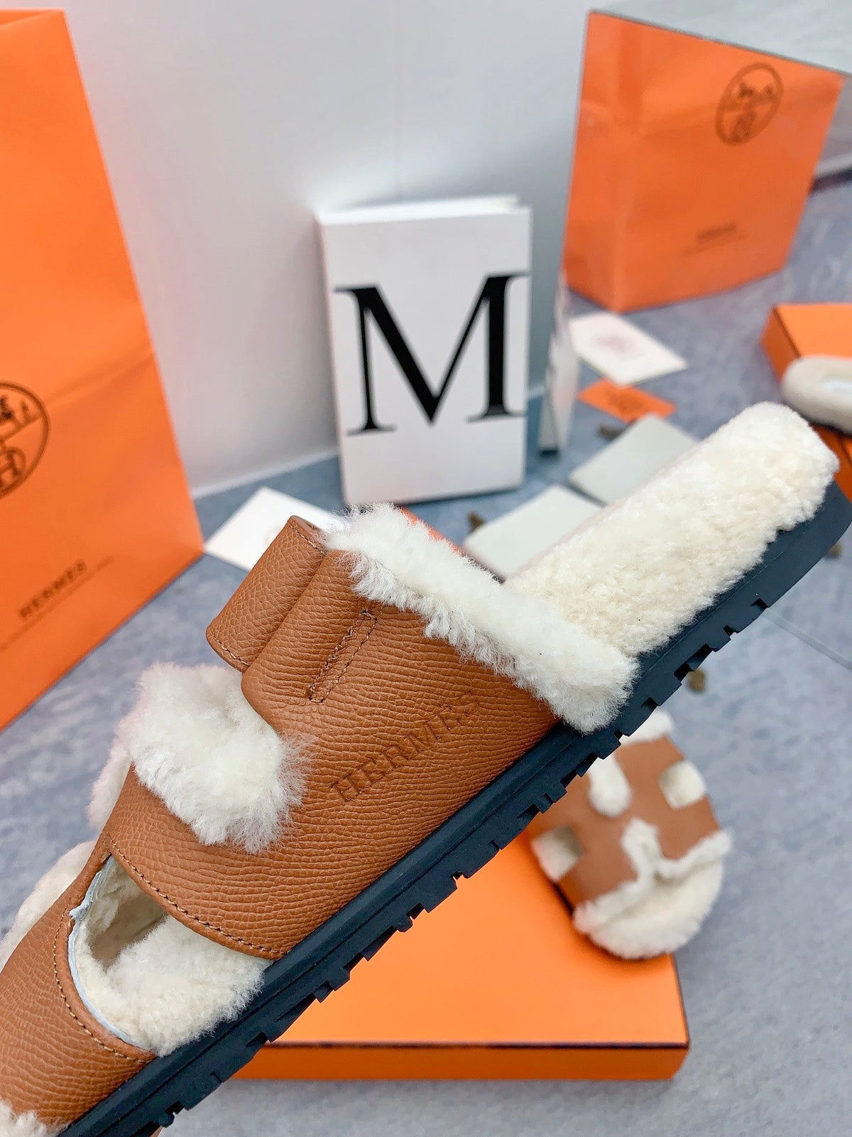 HM 26s Chypre Sandals Gold Leather Shearling 160915