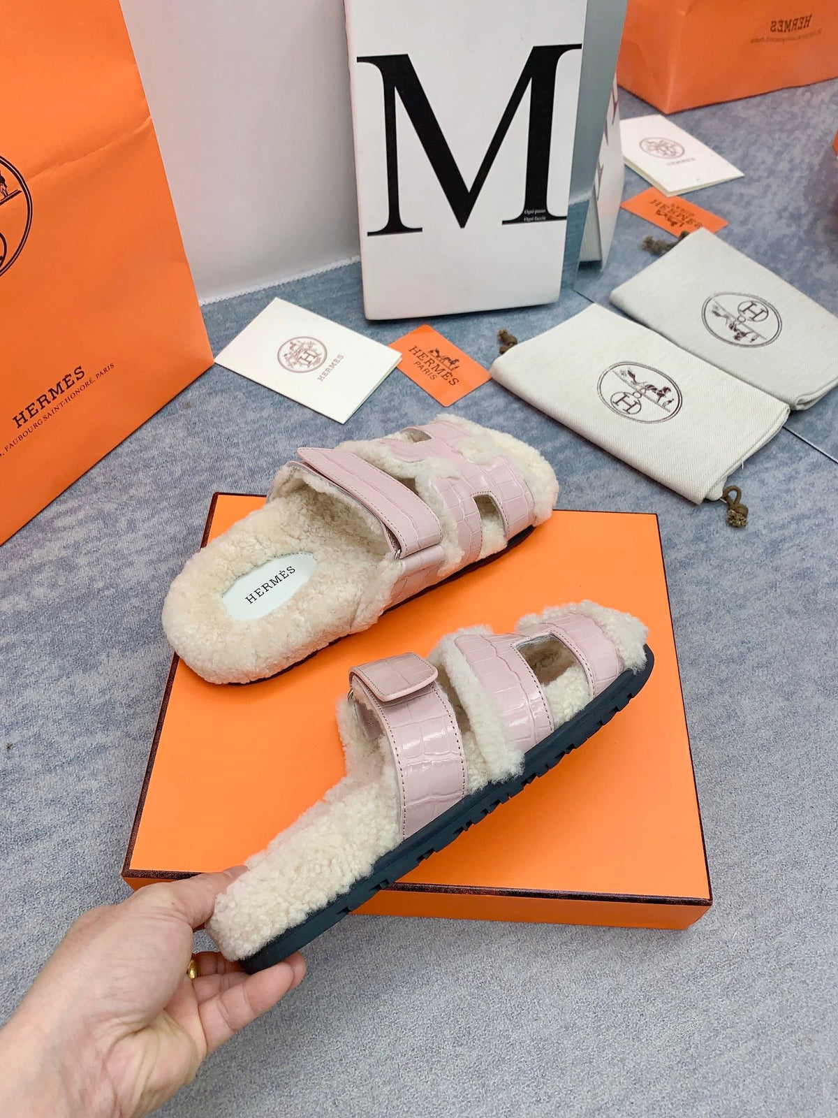 HM 26s Chypre Sandals Pink Croc Patent Leather Shearling 160918