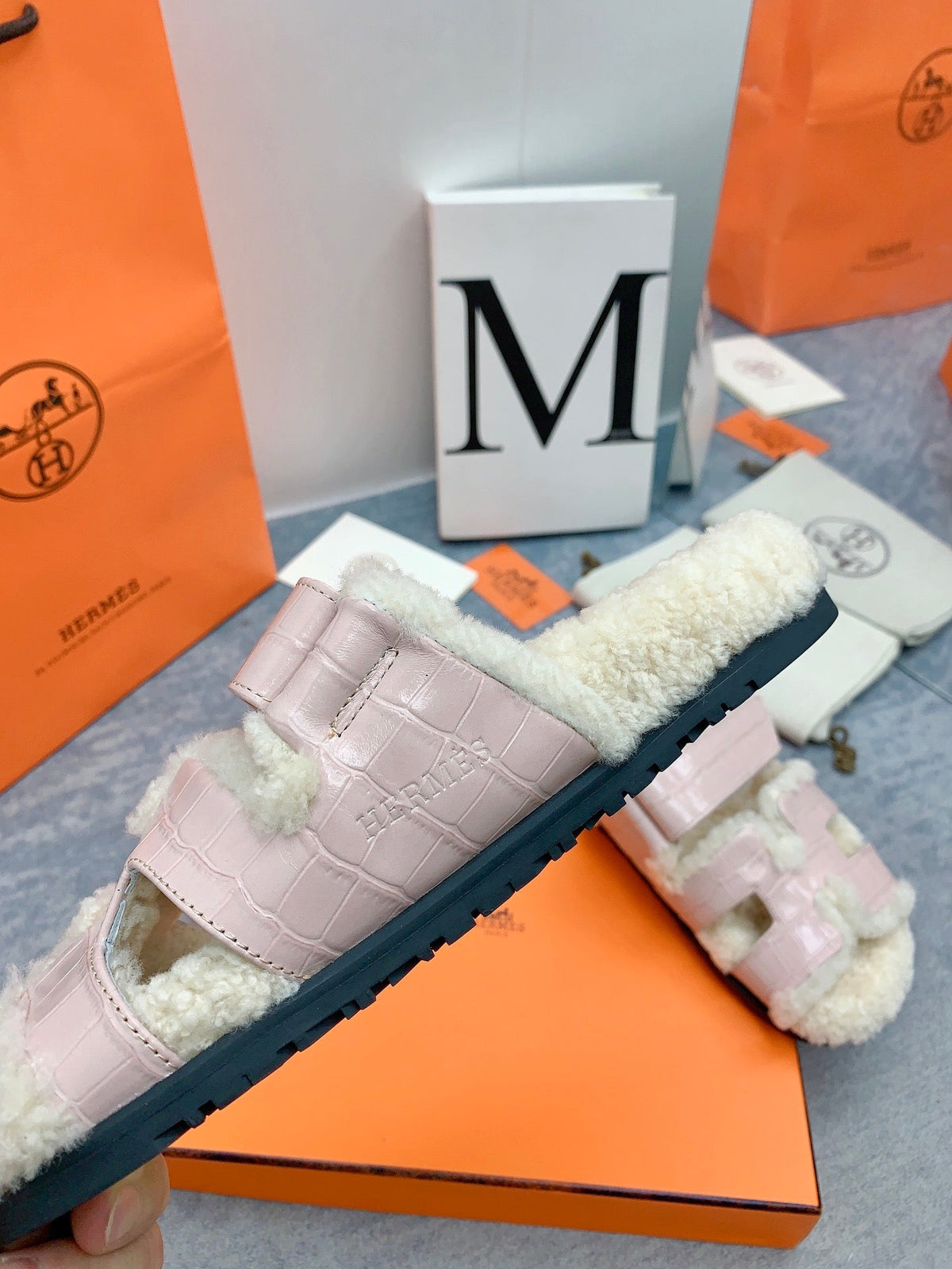 HM 26s Chypre Sandals Pink Croc Patent Leather Shearling 160918
