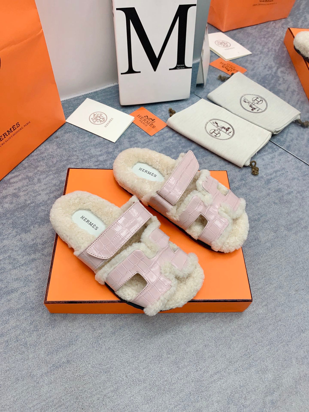 HM 26s Chypre Sandals Pink Croc Patent Leather Shearling 160918