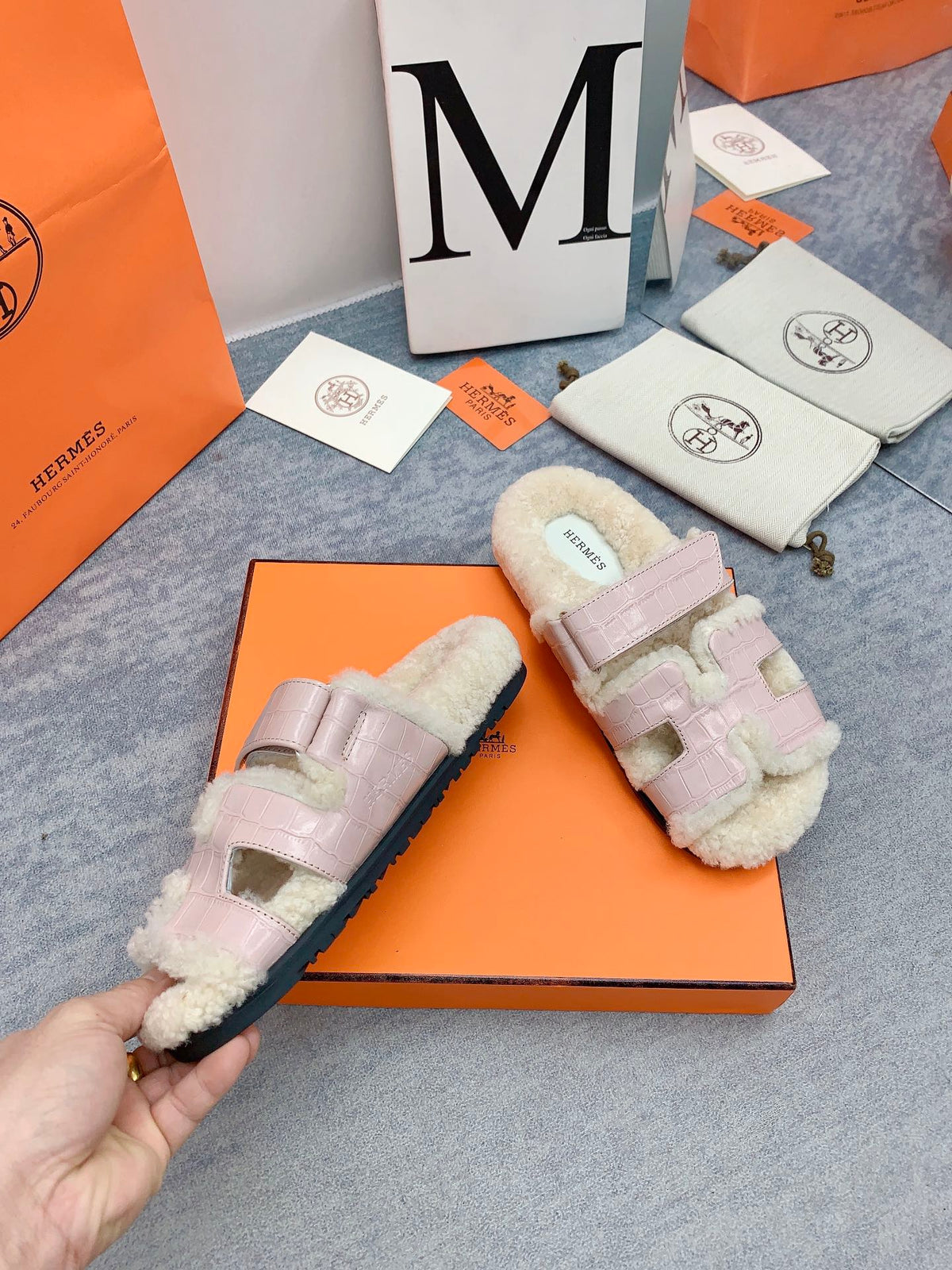 HM 26s Chypre Sandals Pink Croc Patent Leather Shearling 160918