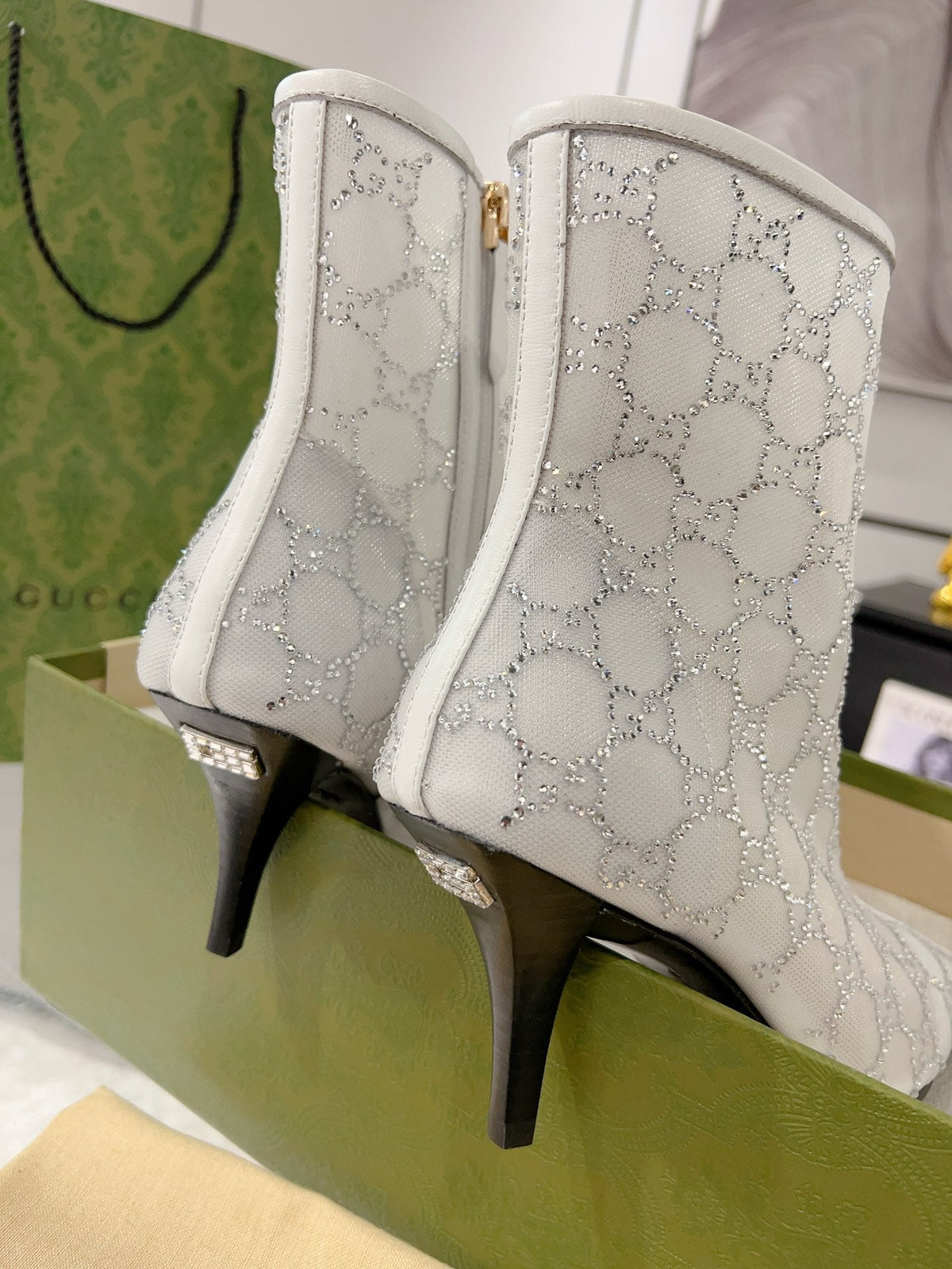 Gucci Ankle Boots In White Mesh And Sheepskin With Gg Crystals