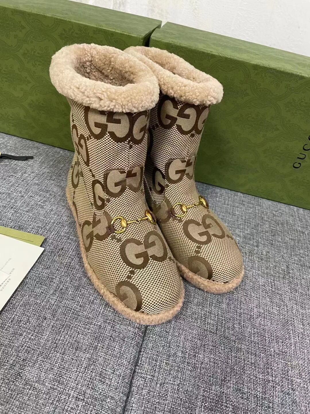 Gucci 2025 Monogram Boot Ebony Beige Canvas Wool 564788