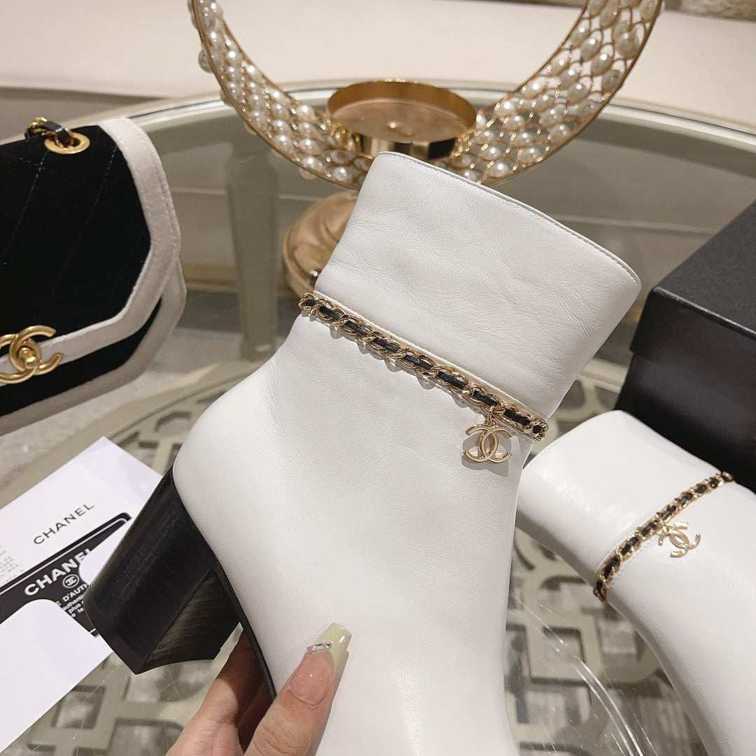 CC 26s Chain Charm Cap Toe Ankle Boots White Leather 166064