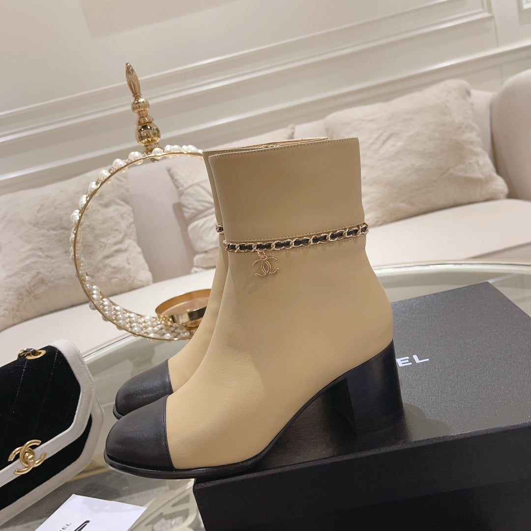 CC 26s Chain Charm Cap Toe Ankle Boots Beige Leather 166065