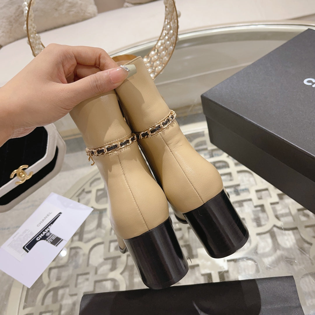 CC 26s Chain Charm Cap Toe Ankle Boots Beige Leather 166065