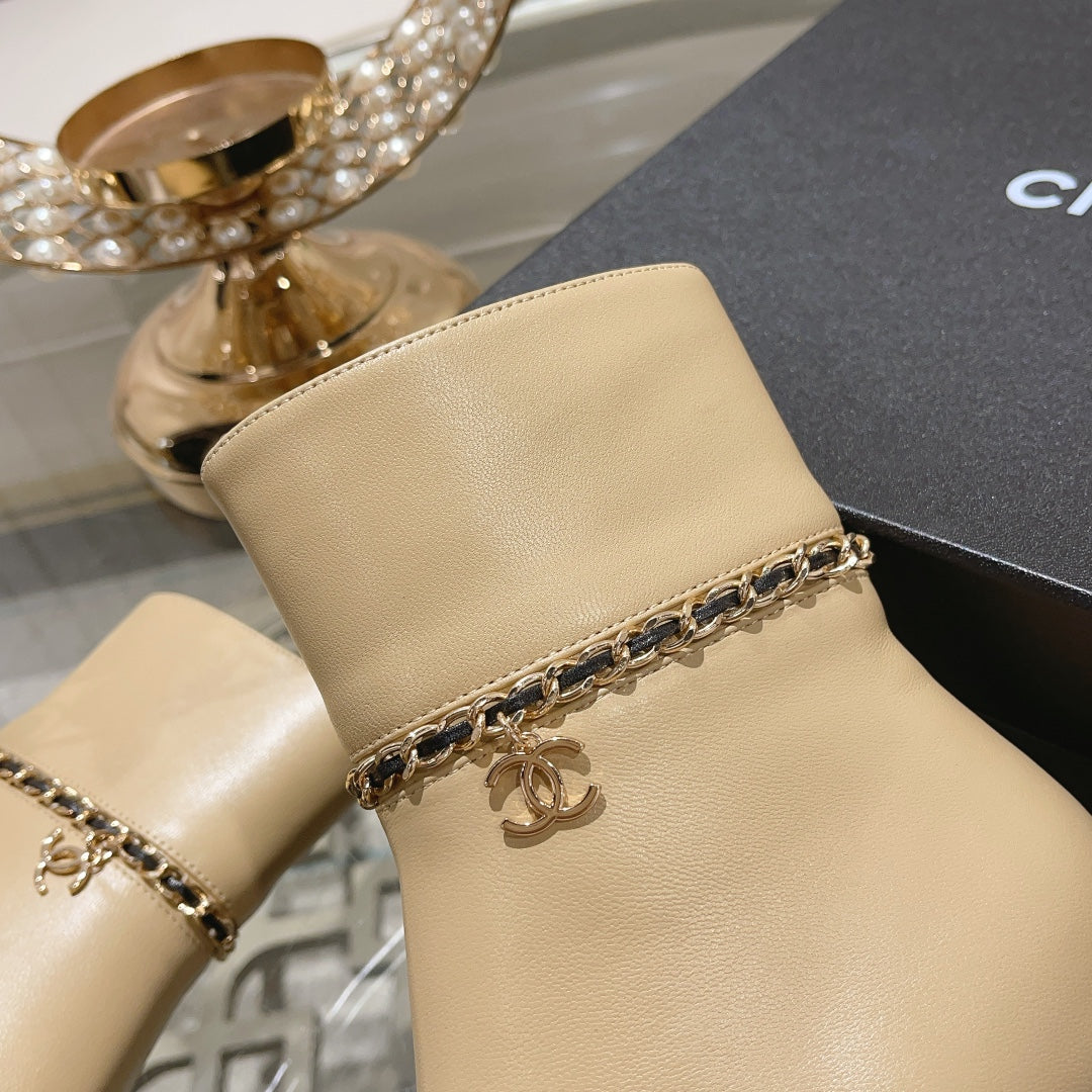CC 26s Chain Charm Cap Toe Ankle Boots Beige Leather 166065