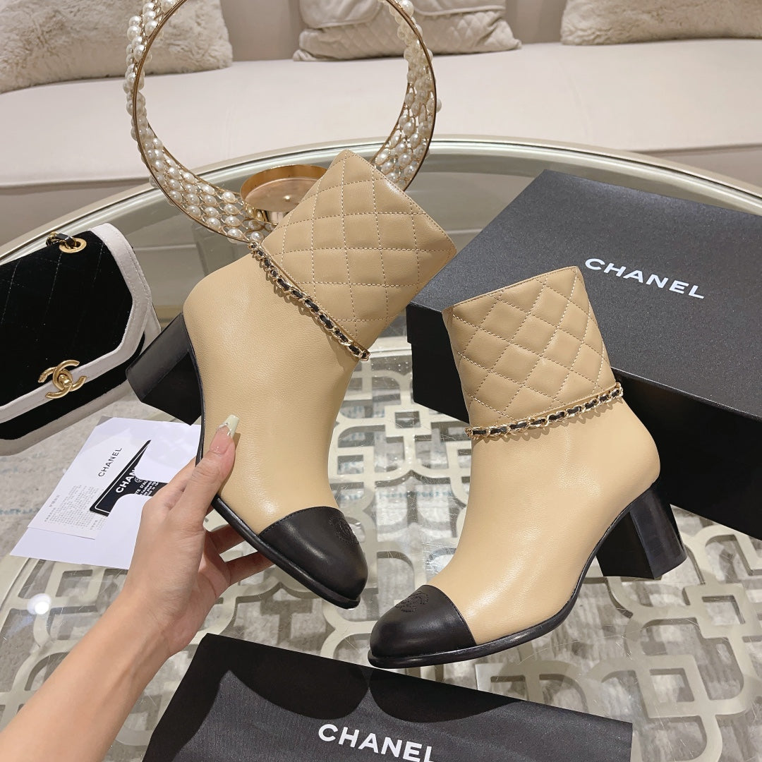 CC 26s Quilted Cap Toe Ankle Boots Beige Leather 166068